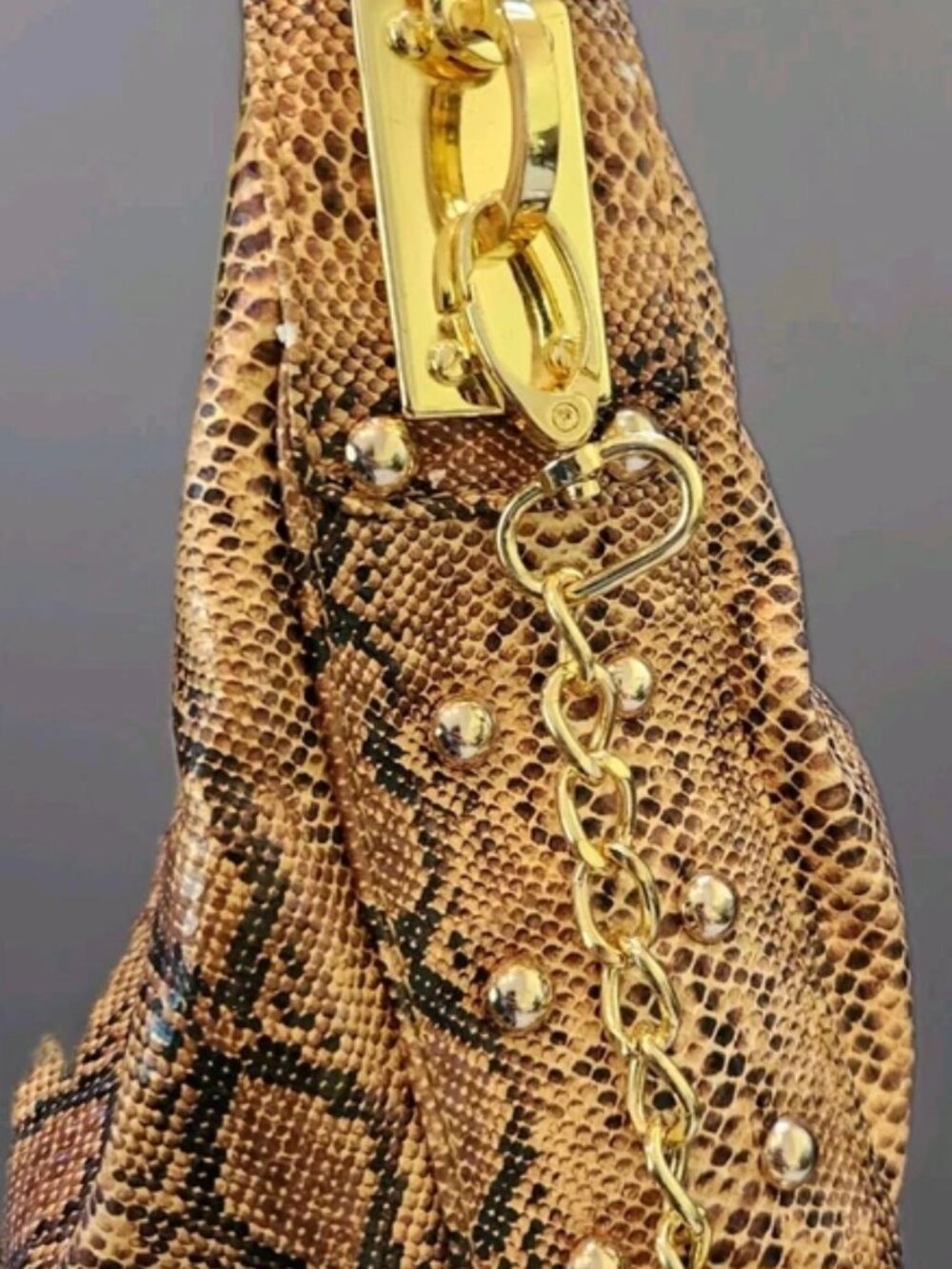 Calla Faux Snakeskin Hobo Handbag Golden Brown Python Print Studded Charm Y2K - Picture 15 of 16